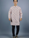 Radhey Print Full Sleeves Long White Kurta with Pocket and Button