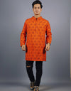 Radhey Print Full Sleeves Long Orange Kurta with Pocket and Button