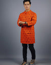 Radhey Print Full Sleeves Long Orange Kurta with Pocket and Button