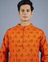 Radhey Print Full Sleeves Long Orange Kurta with Pocket and Button