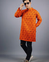 Radhey Print Full Sleeves Long Orange Kurta with Pocket and Button