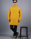 Radhey Print Full Sleeves Long Yellow Kurta with Pocket and Button