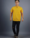 Om Namah Shivay Half Sleeves Short Yellow Kurta with Pocket and Button