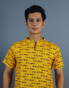 Om Namah Shivay Half Sleeves Short Yellow Kurta with Pocket and Button