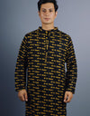 Om Namah Shivay Full Sleeves Long Black Yellow Kurta with Pocket and Button