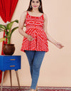 Embroidery Printed Top  Knee Length Red