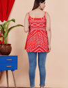 Embroidery Printed Top  Knee Length Red